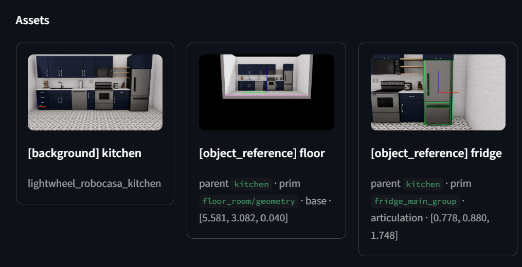 Kitchen, floor, and fridge snapshots with local XYZ axis overlays