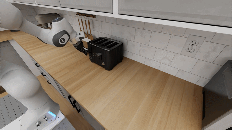 Pi policy pressing the left toaster cancel button in the G-shaped Scandinavian kitchen