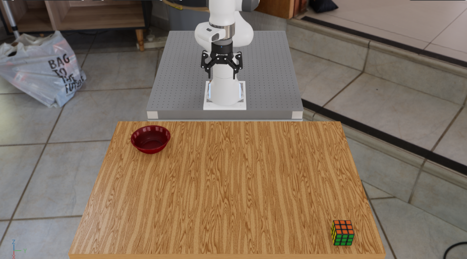Baseline DROID pick-and-place environment with a Rubik's cube and bowl