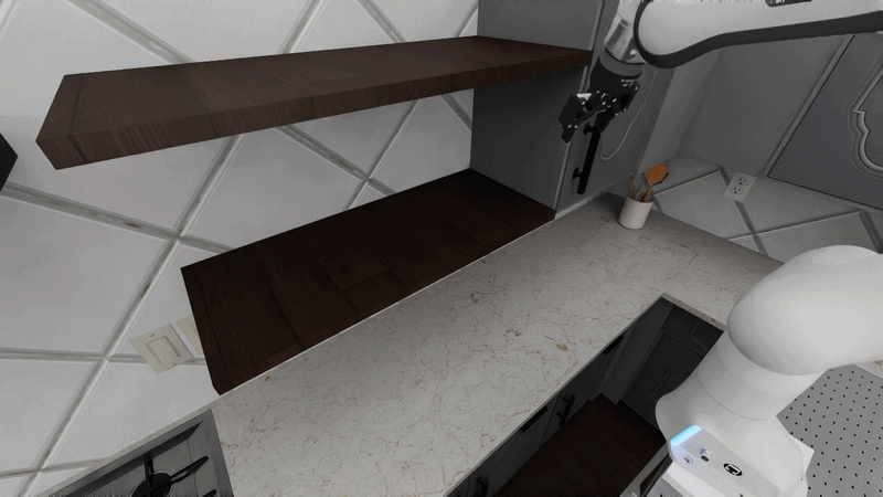 Pi policy opening a cabinet in the U-shaped farmhouse kitchen