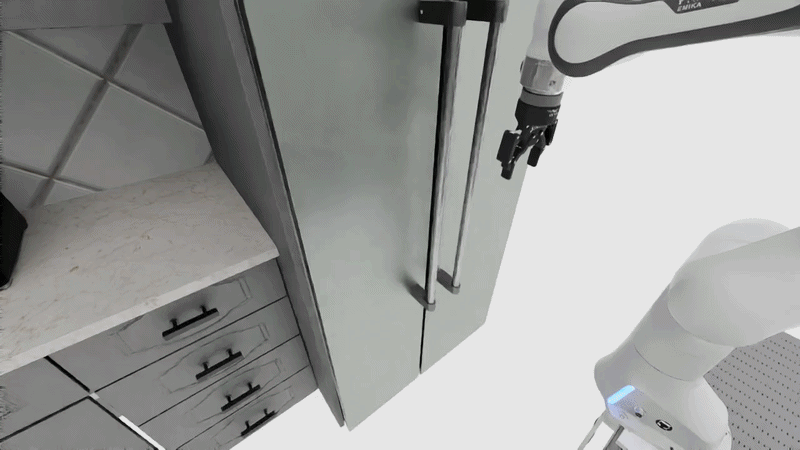 Pi policy opening the refrigerator in the U-shaped farmhouse kitchen