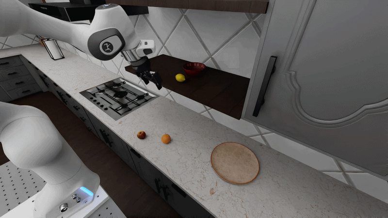 Pi policy picking a lemon from a shelf onto a plate in the U-shaped farmhouse kitchen