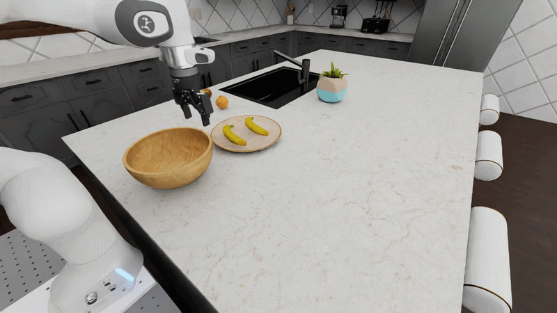 Pi policy placing bananas in a wooden bowl in the U-shaped farmhouse kitchen
