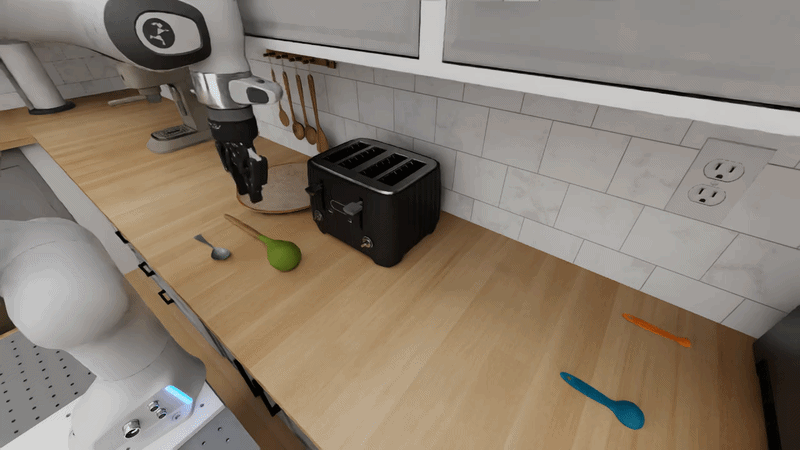 Pi policy placing a ladle in a plate in the G-shaped Scandinavian kitchen