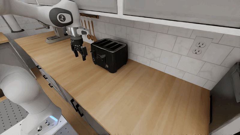 Pi policy pressing the right toaster cancel button in the G-shaped Scandinavian kitchen