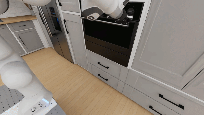 Pi policy turning the oven temperature knob in the G-shaped Scandinavian kitchen