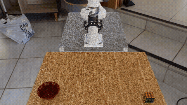 DROID pick-and-place environment with a billiard-hall background