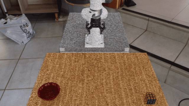 DROID pick-and-place environment with a mustard bottle and wooden bowl