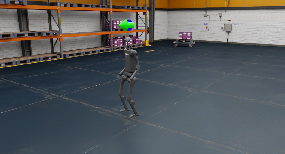 H1 policy running in a warehouse USD scene