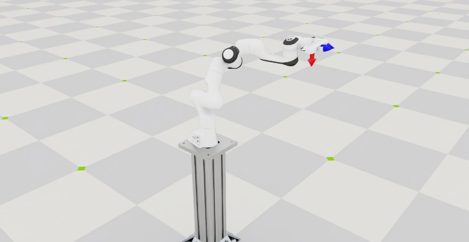 Franka arms on stands with coordinate-frame markers at their end effectors.