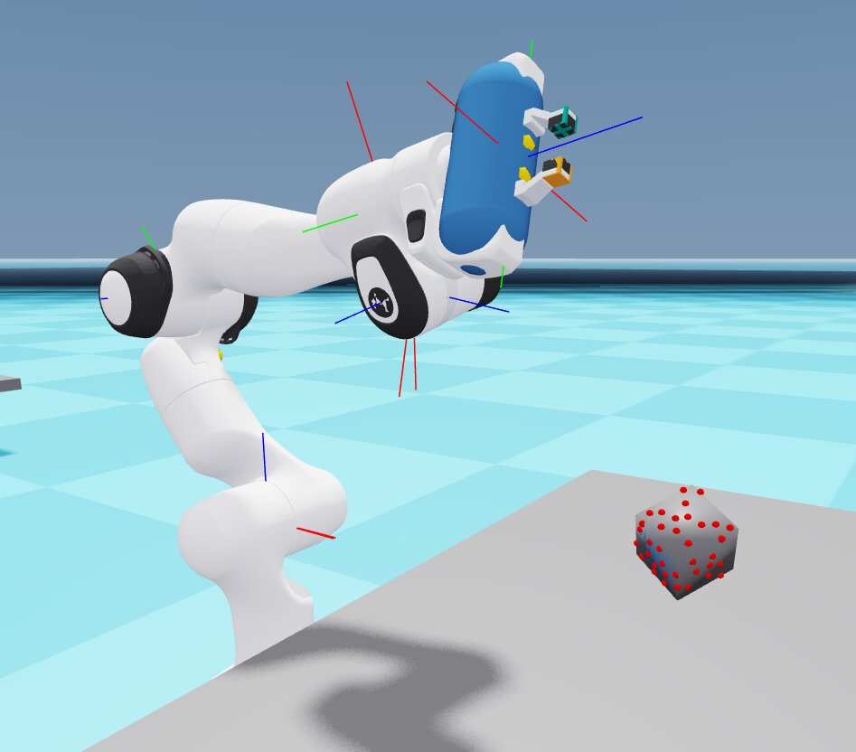 Joint arrow markers on a Franka arm and contact sensor markers on a cube