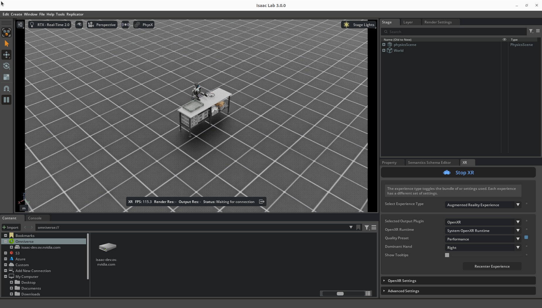 Isaac Lab viewport showing "Waiting for connection" status after clicking Start XR