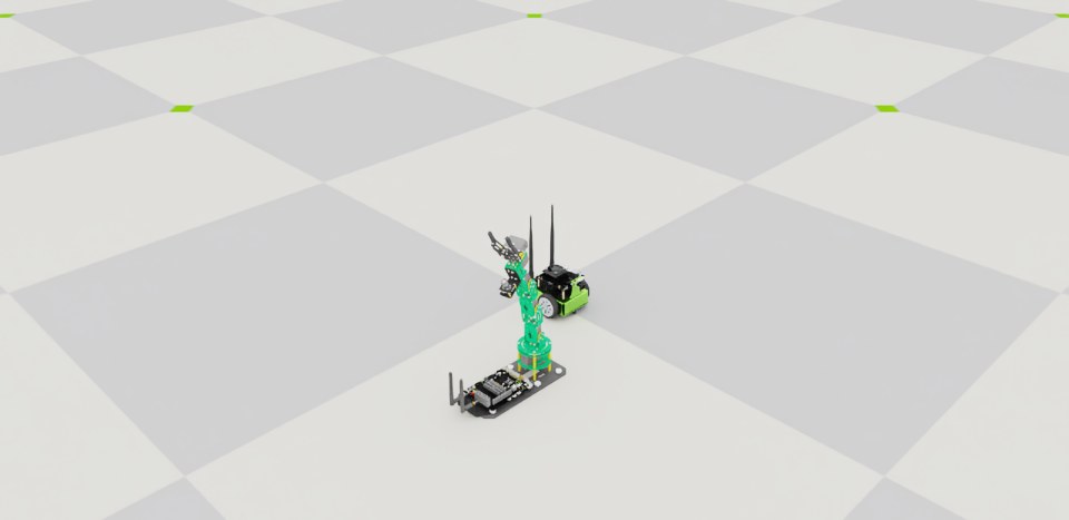 Jetbot and Dofbot running in the example scene.